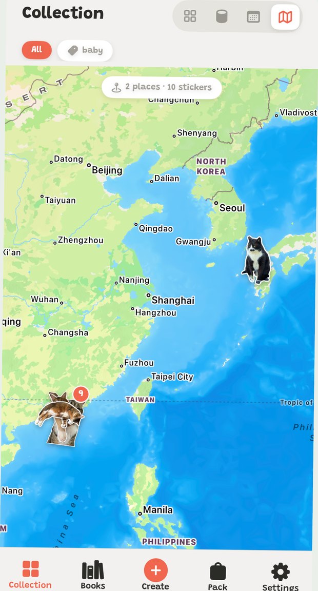 Stickers pinned on a map